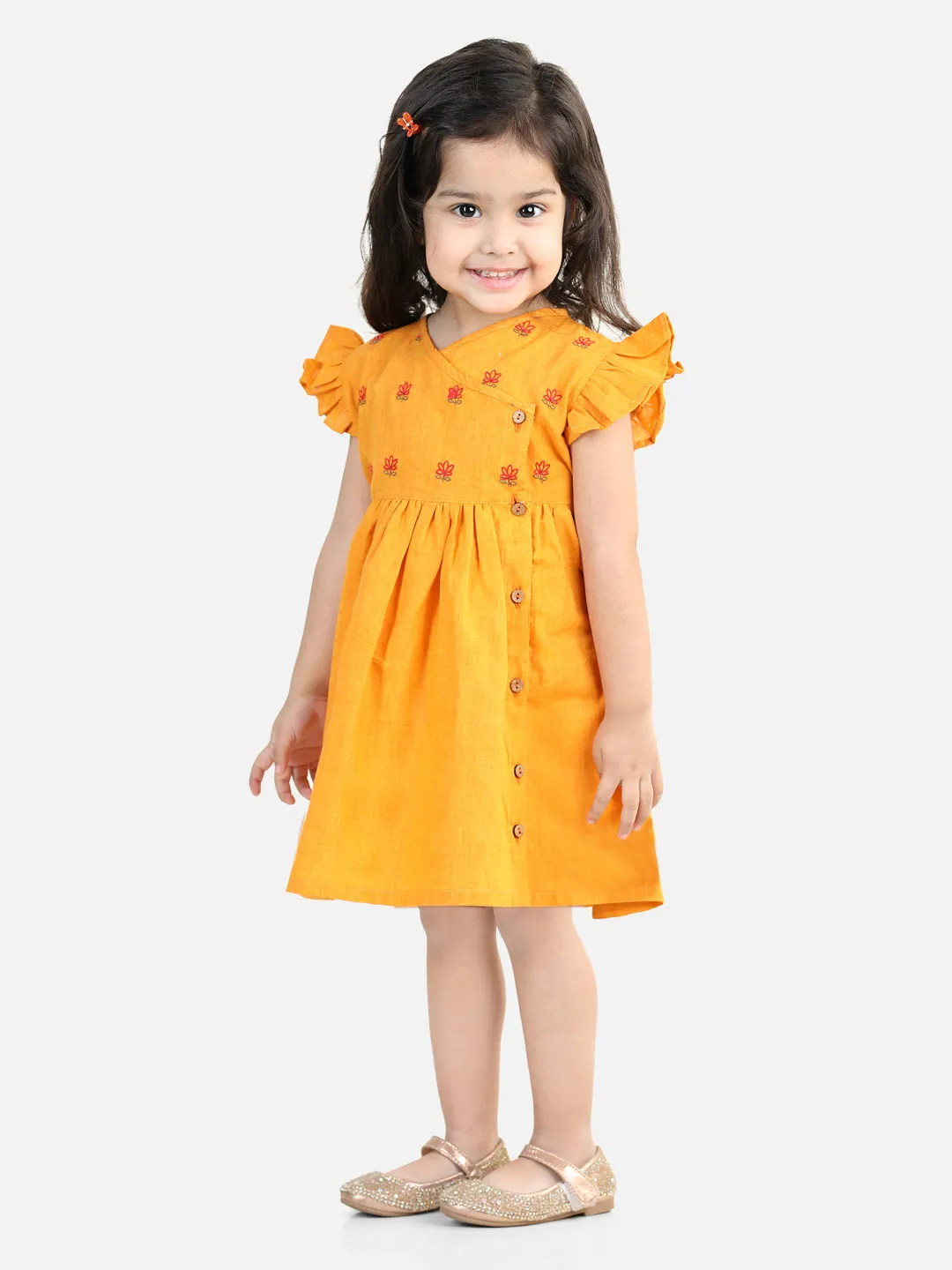 100% Cotton Lotus Embroidery Frock And Dresses For Girls-Yellow