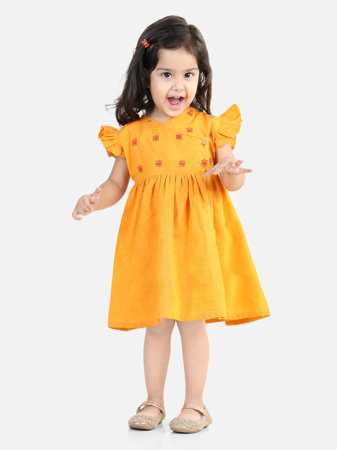 100% Cotton Lotus Embroidery Frock And Dresses For Girls-Yellow