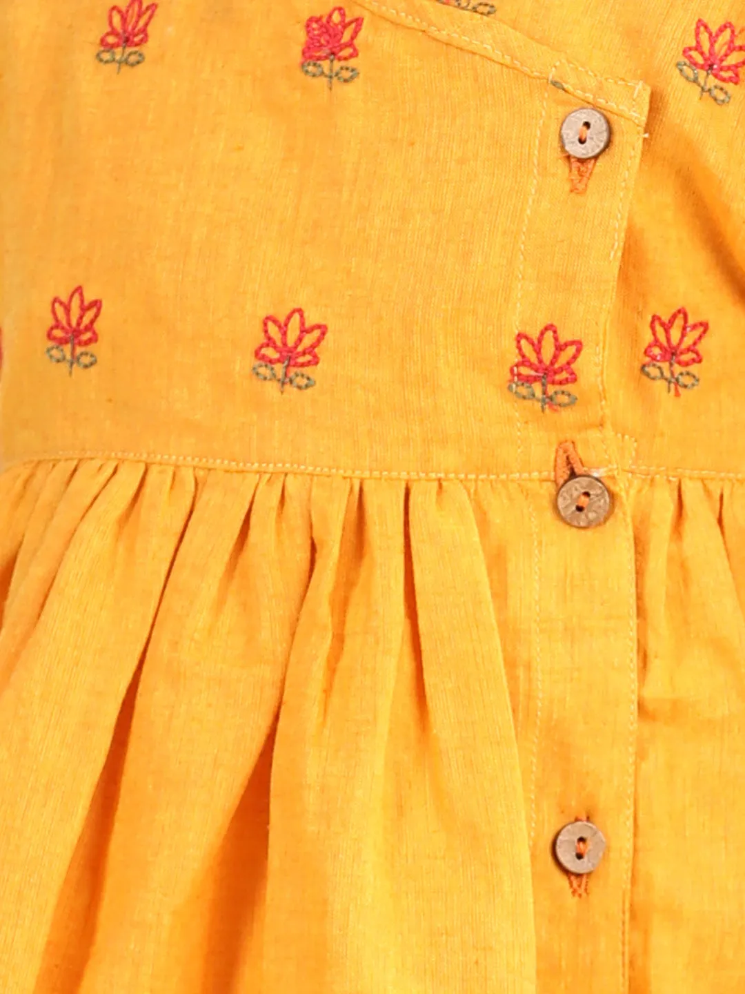 100% Cotton Lotus Embroidery Frock And Dresses For Girls-Yellow