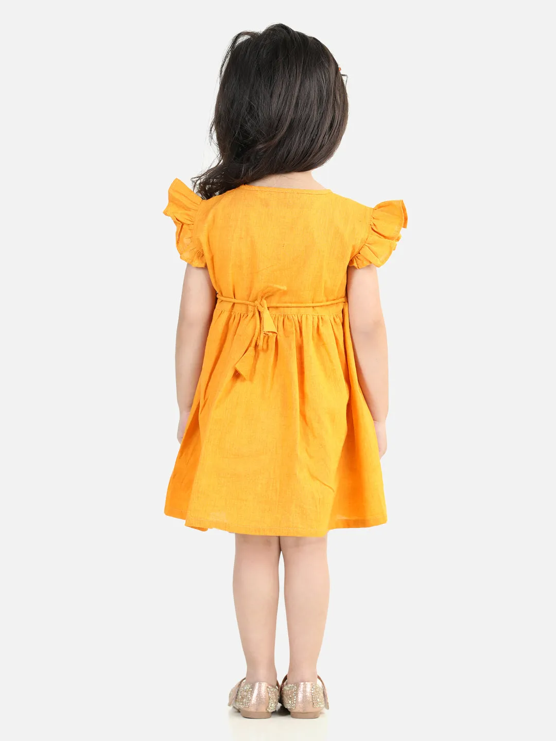 100% Cotton Lotus Embroidery Frock And Dresses For Girls-Yellow