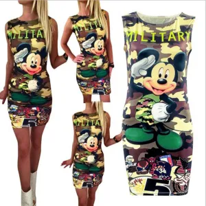 2017 Fashion Women Summer Sleeveless Bodycon Camouflage Cartoon Mouse Military Letter Print Sexy Mini Dress Vestido Curto Cortos