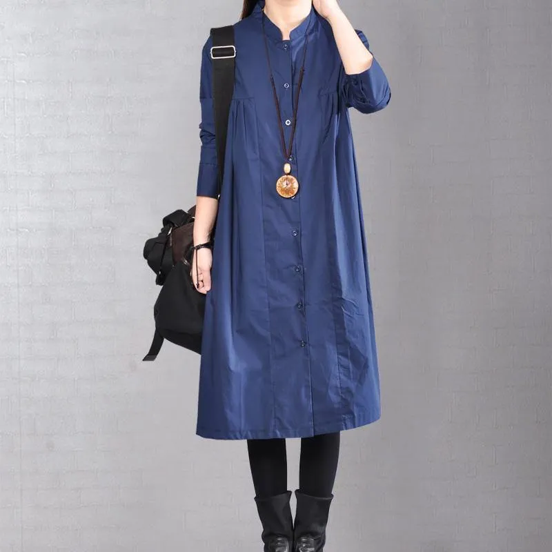 2018 navy pure linen dresses plus size clothing linen clothing dress casual Cinched solid color linen dresses