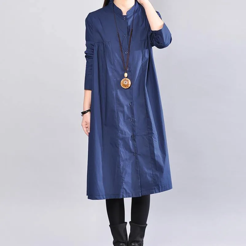 2018 navy pure linen dresses plus size clothing linen clothing dress casual Cinched solid color linen dresses