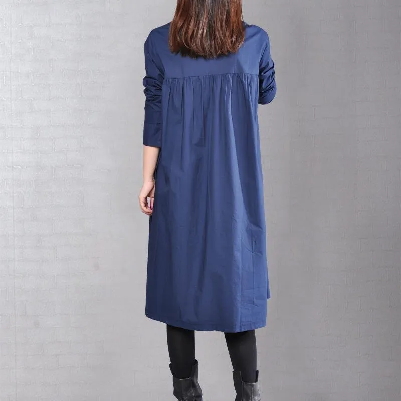 2018 navy pure linen dresses plus size clothing linen clothing dress casual Cinched solid color linen dresses