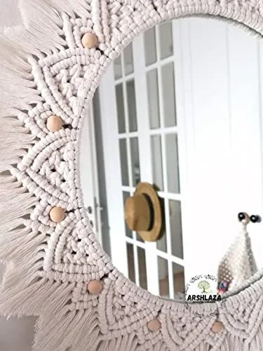 ARSHLAZA Macrame Hanging Wall Mirror with Macrame Round Mirror Art Boho Decor Macrame Decorative Mirror [M9] framed, off-white