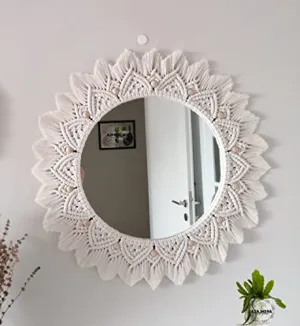 ARSHLAZA Macrame Hanging Wall Mirror with Macrame Round Mirror Art Boho Decor Macrame Decorative Mirror [M9] framed, off-white