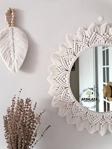 ARSHLAZA Macrame Hanging Wall Mirror with Macrame Round Mirror Art Boho Decor Macrame Decorative Mirror [M9] framed, off-white