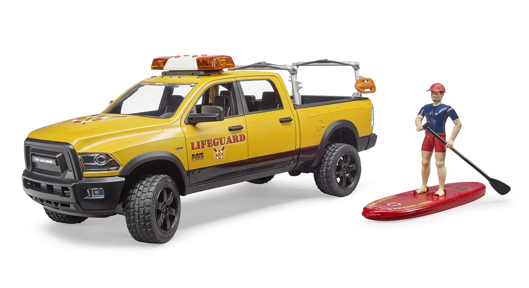 Bruder RAM 2500 Power Wagon Life Guard, Stand up Paddleboard, Light & Sound Module, 02506