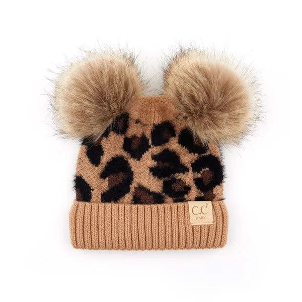 C.C Double Pom Baby Leopard Beanie