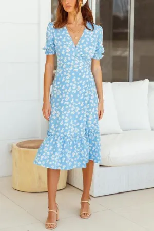 Daisy Print Ruffles Wrap Dress