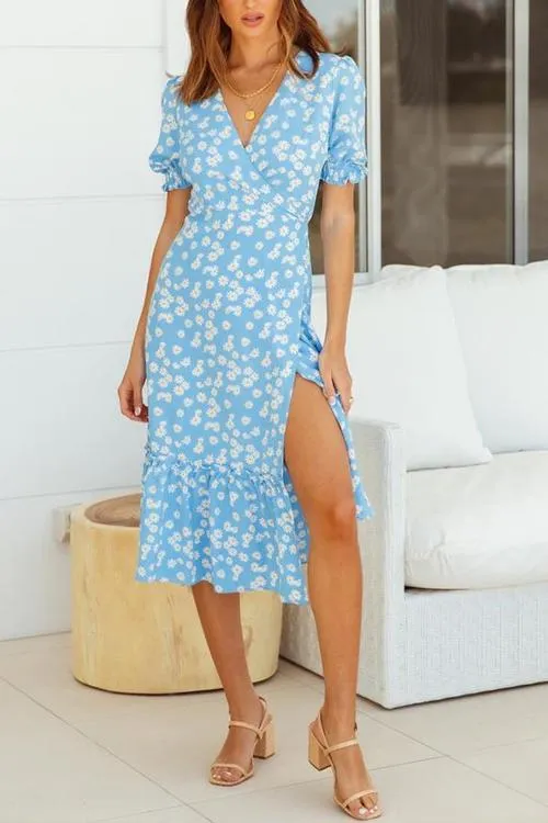 Daisy Print Ruffles Wrap Dress