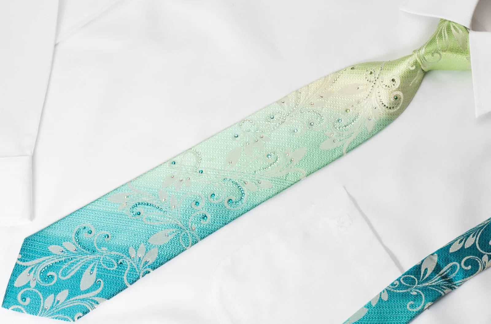 Daniel Hechter Silk Rhinestone Necktie Floral On Turquoice With Silver Sparkles