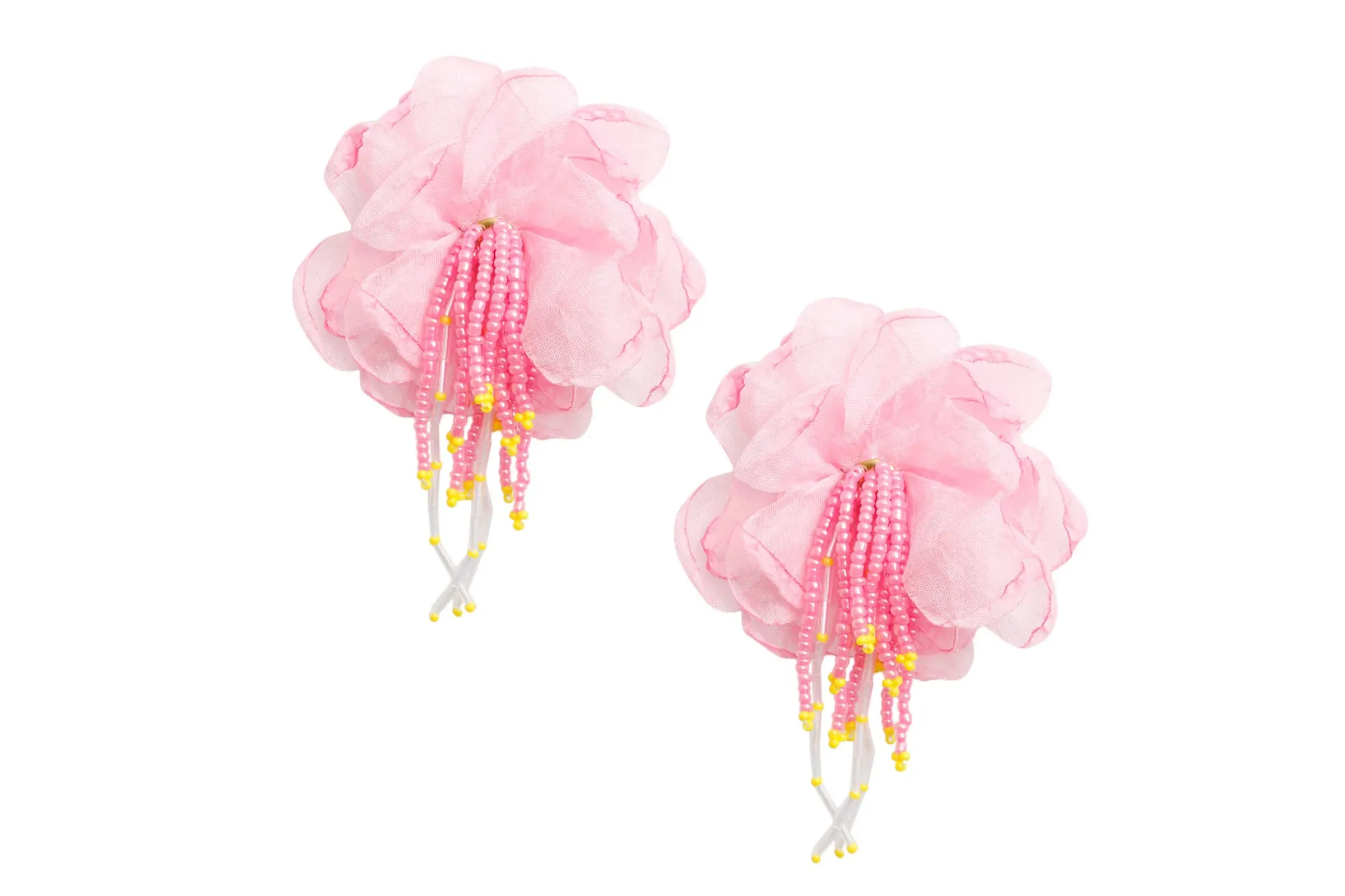 Drop Pink Fabric Flower Bead Earrings for Women