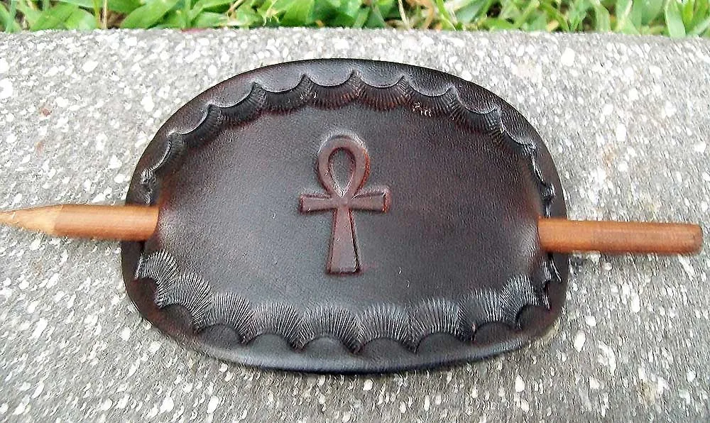 Egyptian Ankh Handmade Leather Stick Barrettes - Medium