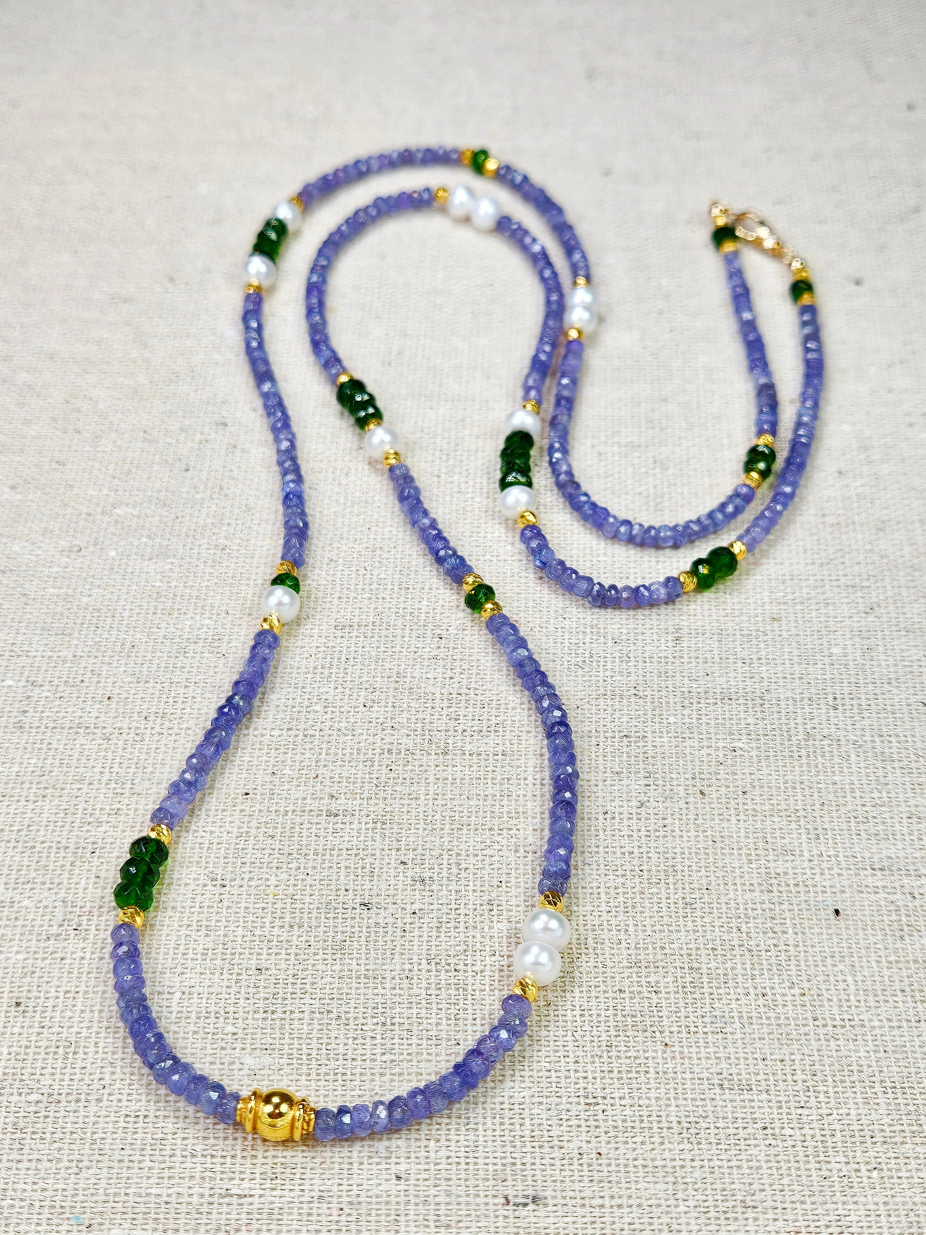 Genuine Gemstone Tanzanite, Chrome Diopside, Freshwater Pearl 18K Yellow Gold Long Necklace 32"