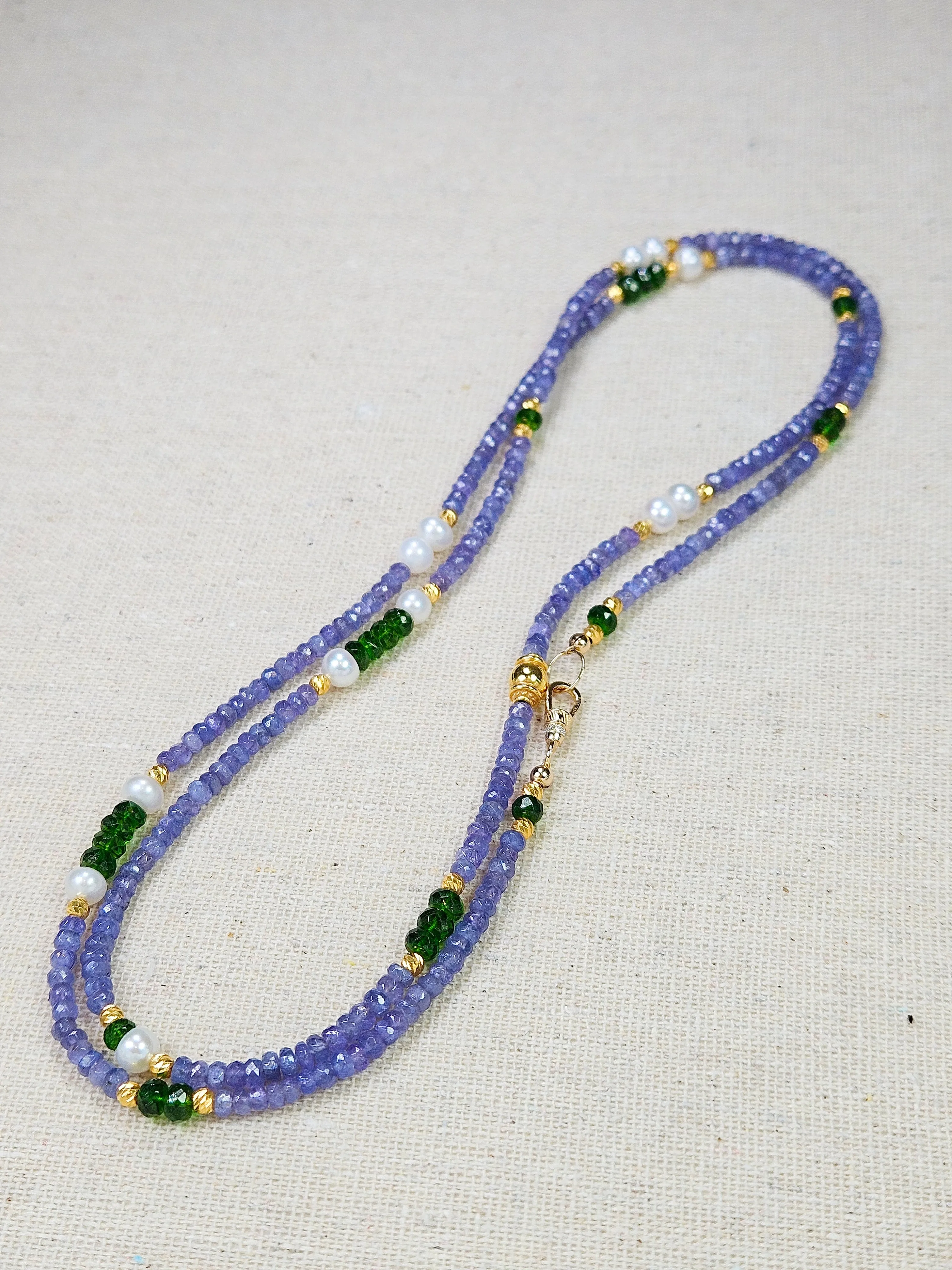 Genuine Gemstone Tanzanite, Chrome Diopside, Freshwater Pearl 18K Yellow Gold Long Necklace 32"