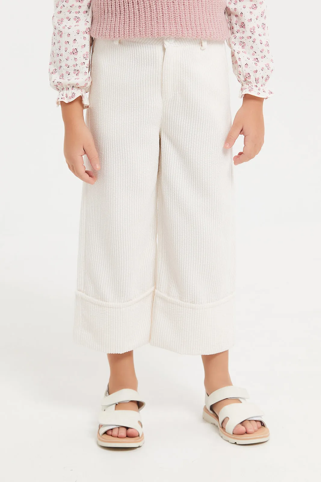 Girls Beige Corduroy Wide Leg Trouser