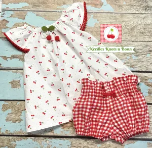 Girls Cherry Dress w/Bloomers, Flutter Sleeve Cherry Outfit