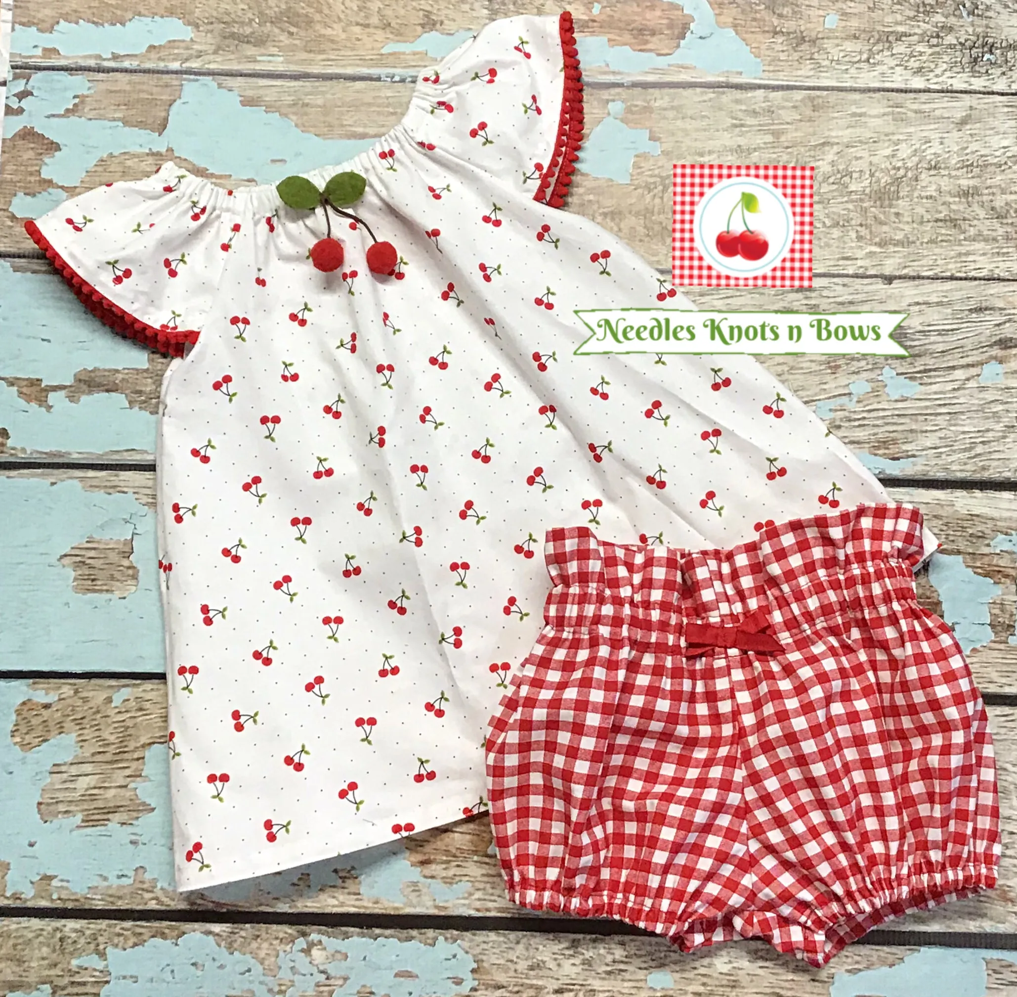 Girls Cherry Dress w/Bloomers, Flutter Sleeve Cherry Outfit