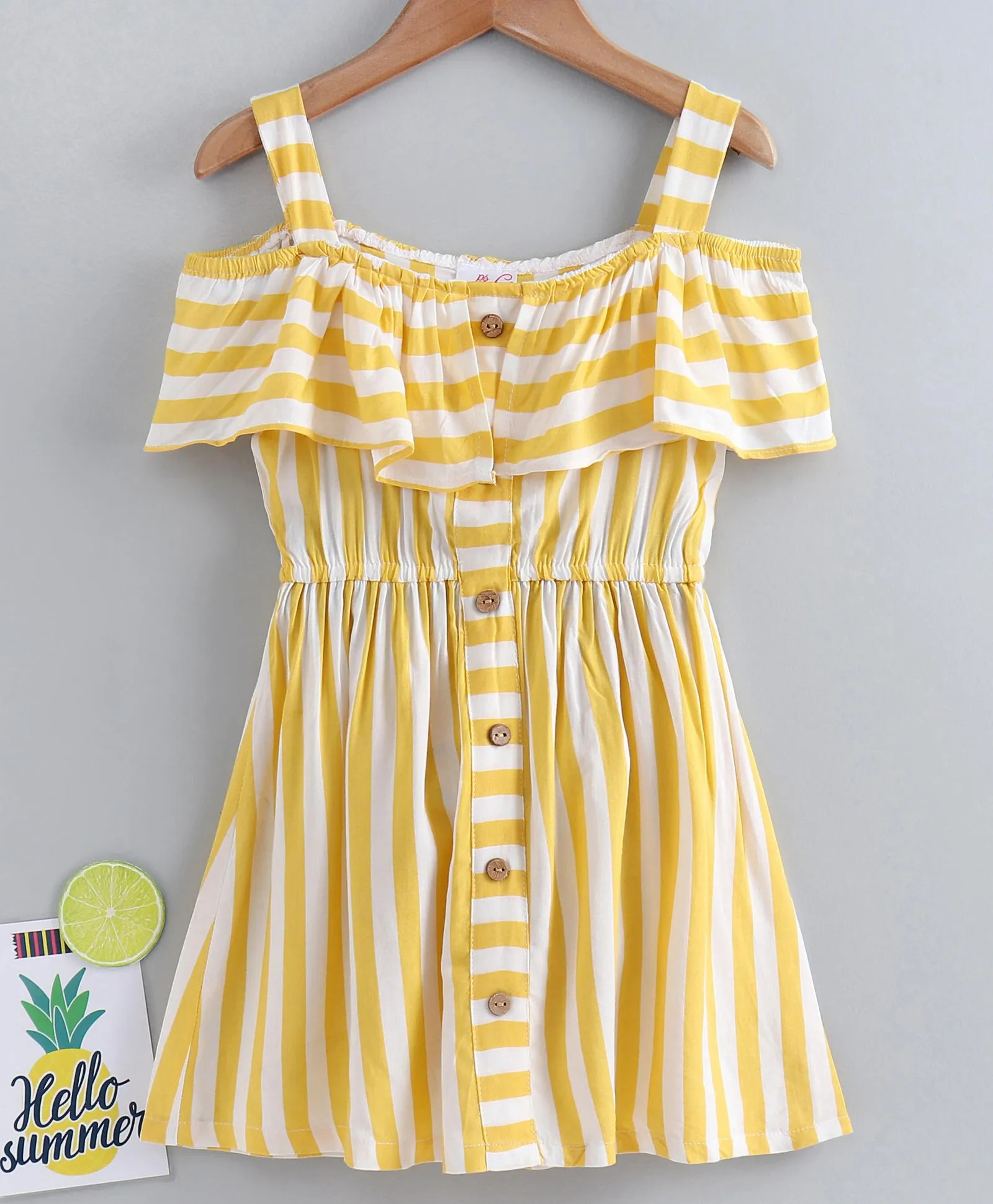 Girls Yellow White Striped A-Line Dress With Layered Detail