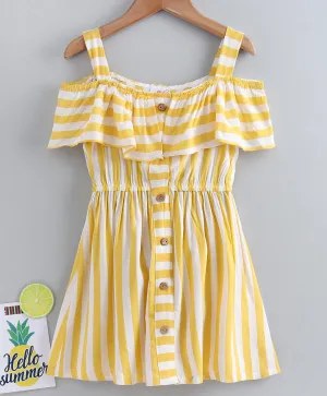 Girls Yellow White Striped A-Line Dress With Layered Detail