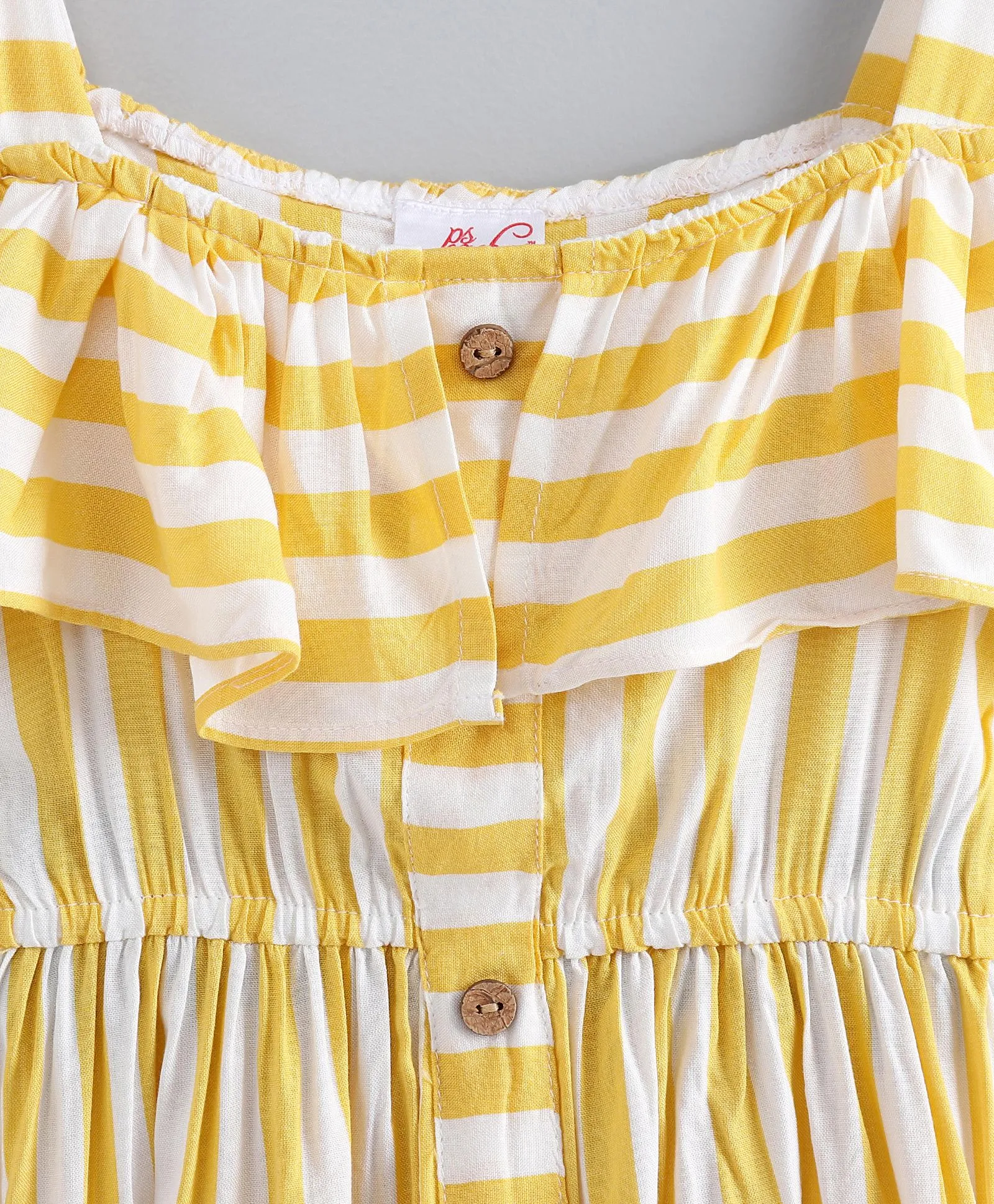 Girls Yellow White Striped A-Line Dress With Layered Detail