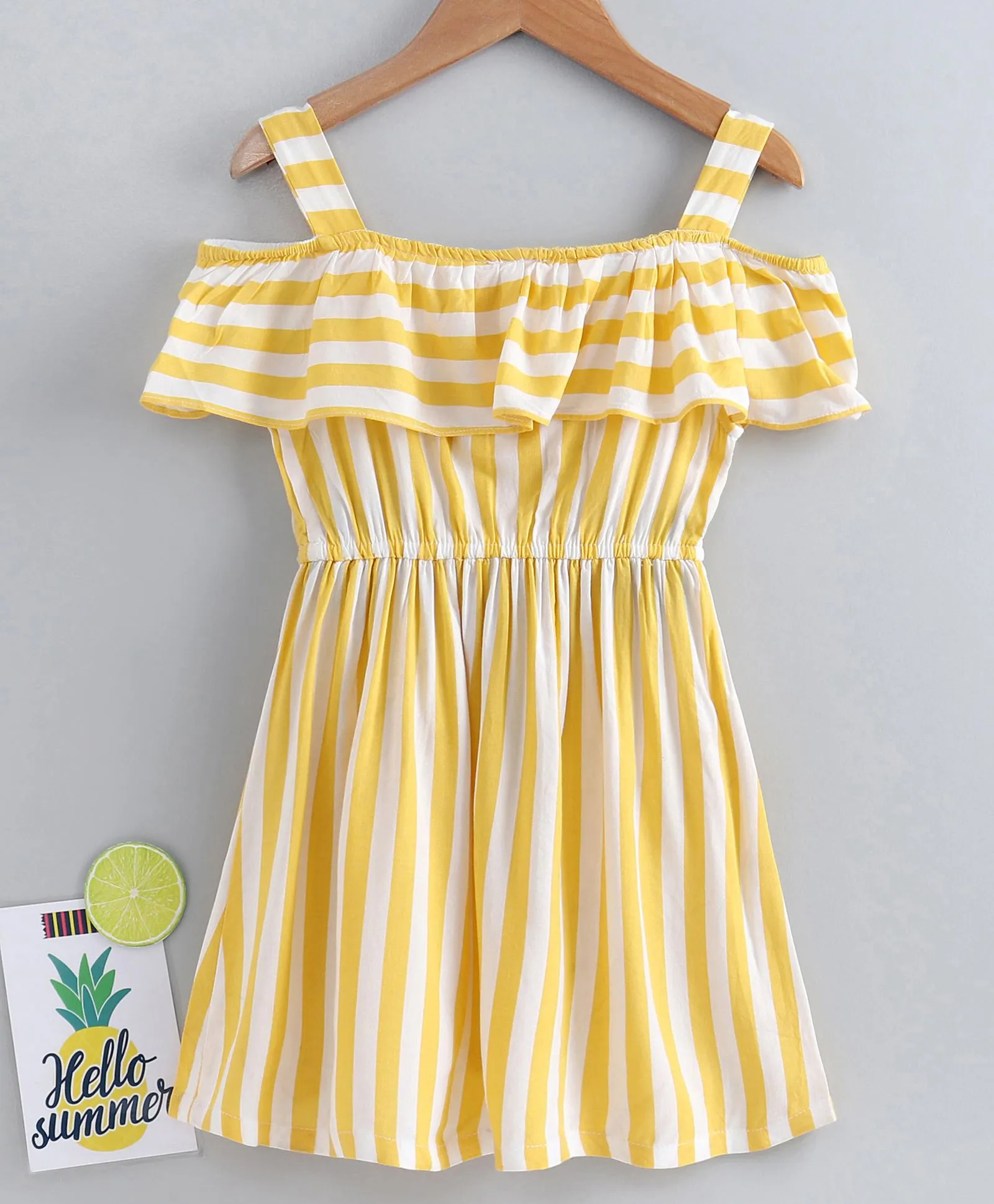 Girls Yellow White Striped A-Line Dress With Layered Detail