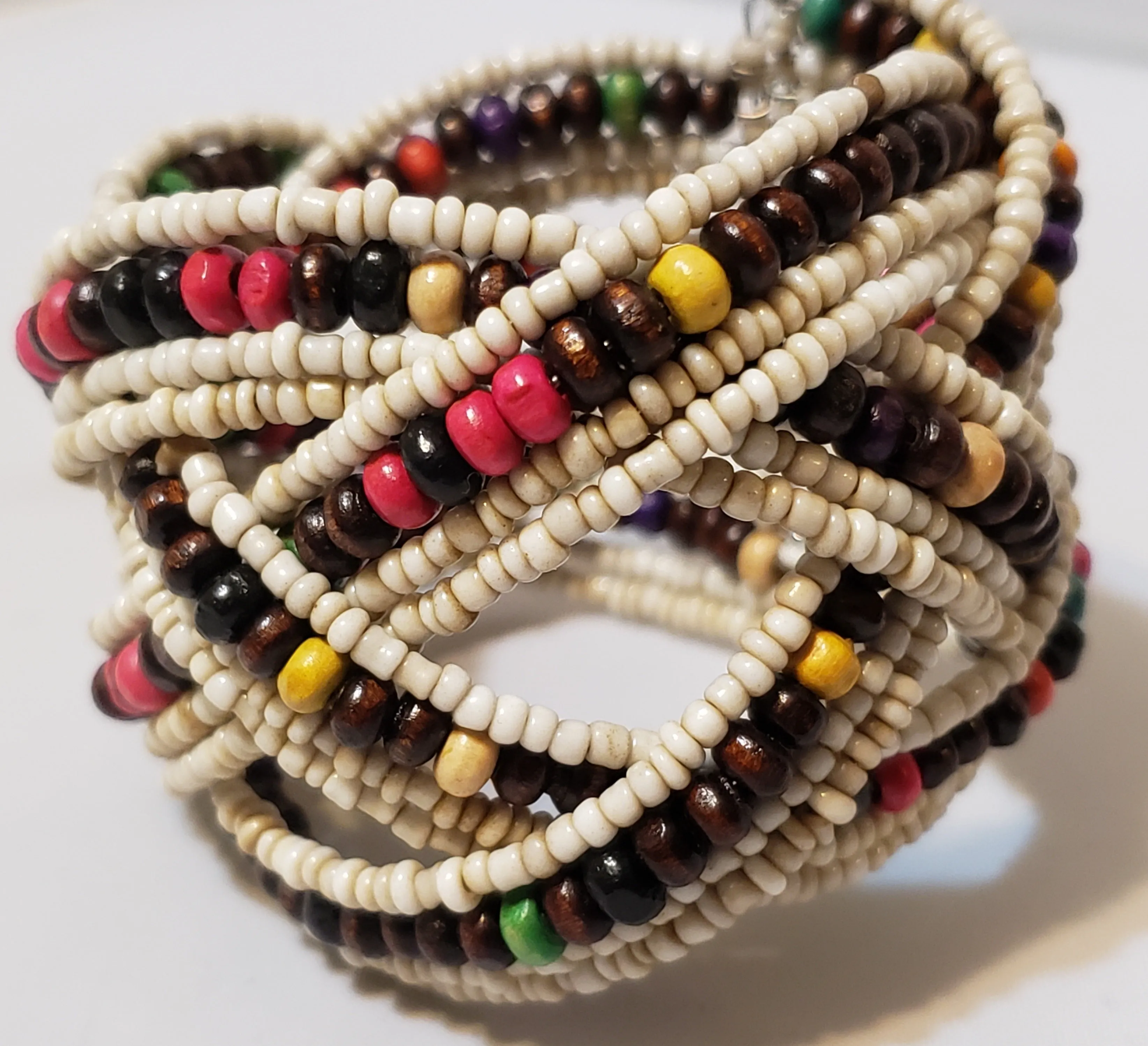 Handwoven (Bohemian Chic) Cuff Bracelet, with Glass & Wooden Seed Beads. One size fits most.