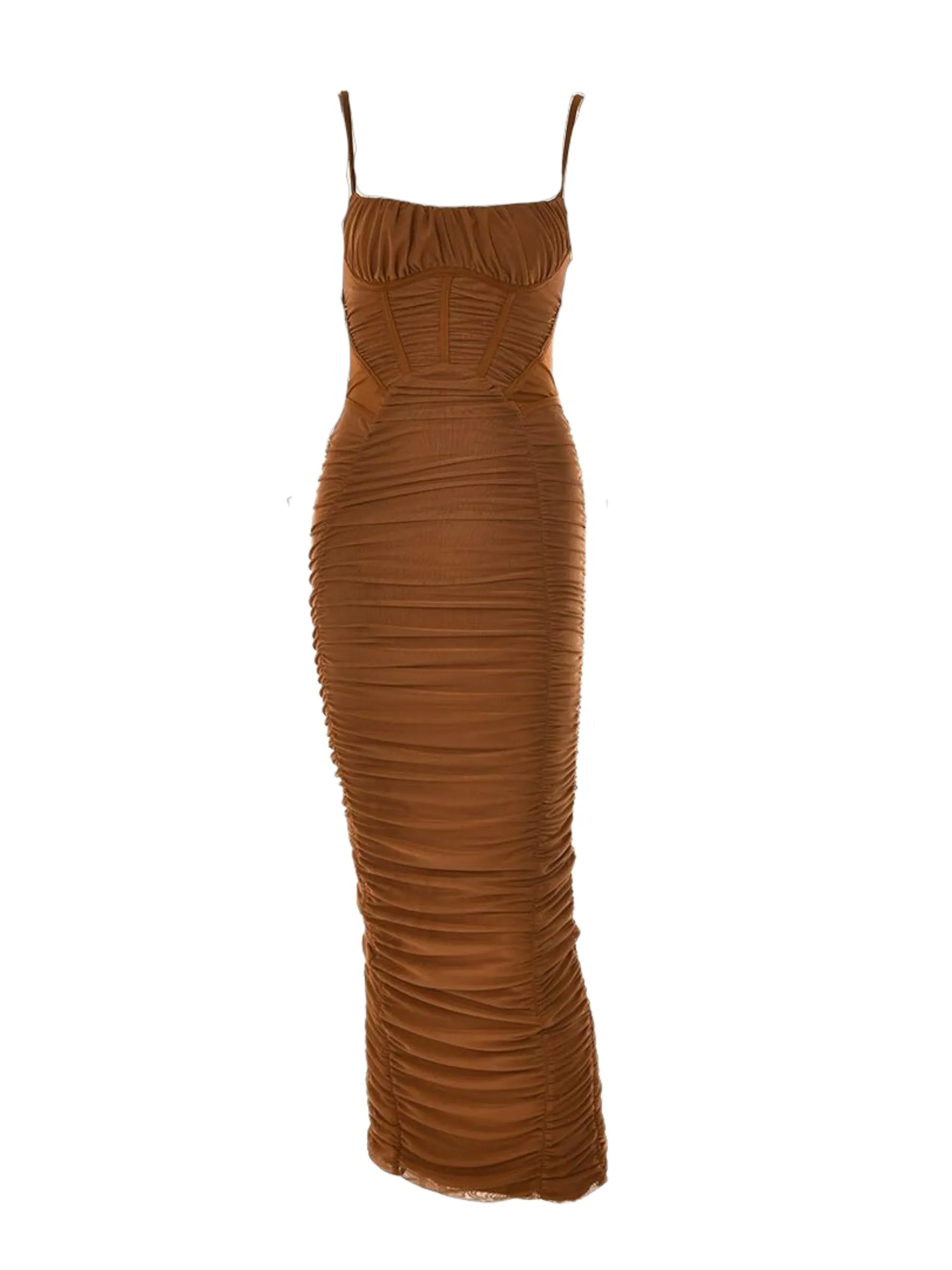 Memory Corset Mesh Maxi Dress in Brown