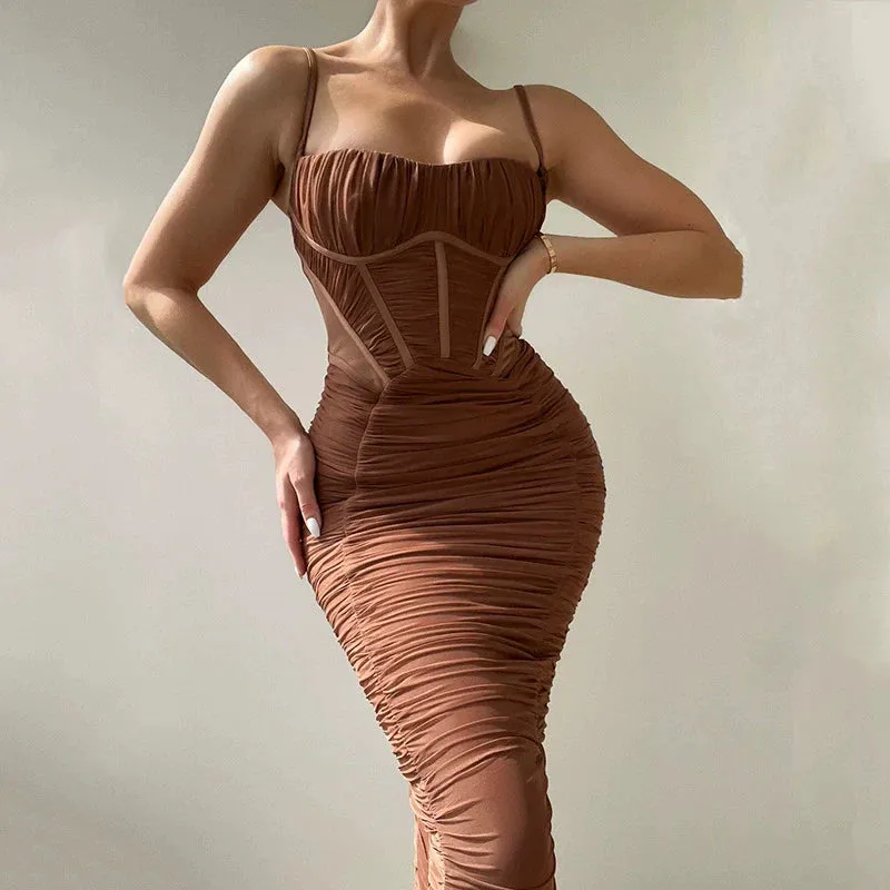 Memory Corset Mesh Maxi Dress in Brown