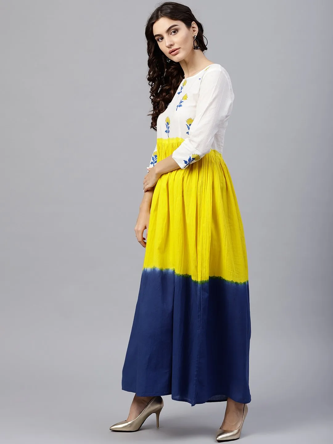 Multi Colored Ombre Dyed Maxi Dress With Round Neck And 3/4 Sleeves