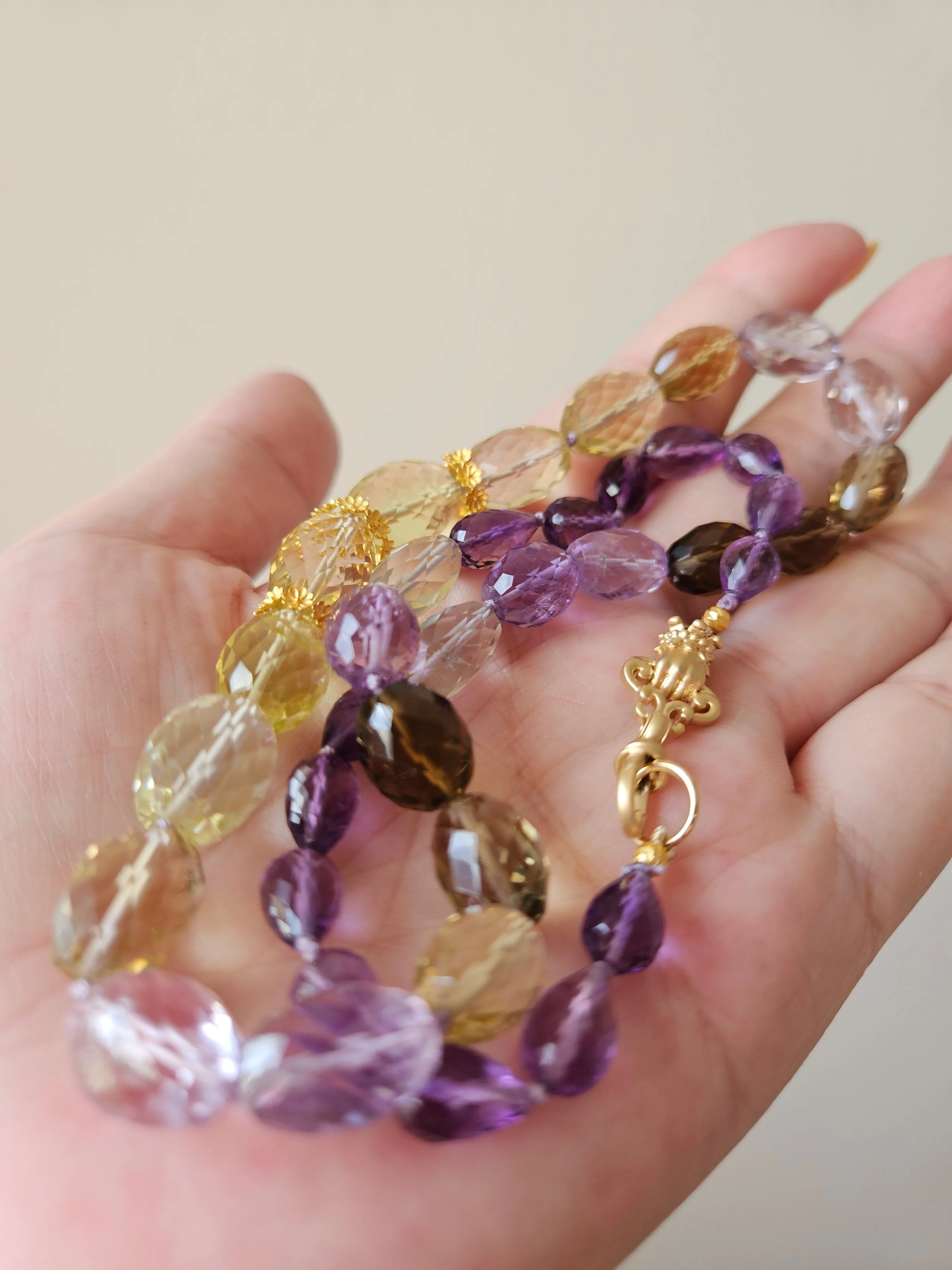 Multicolor Amethyst, Lemon Quartz, Cognac Quartz Large Gemstone Bead Necklace with 18K Yellow Gold Antique Inspired Fist Hand Clasp