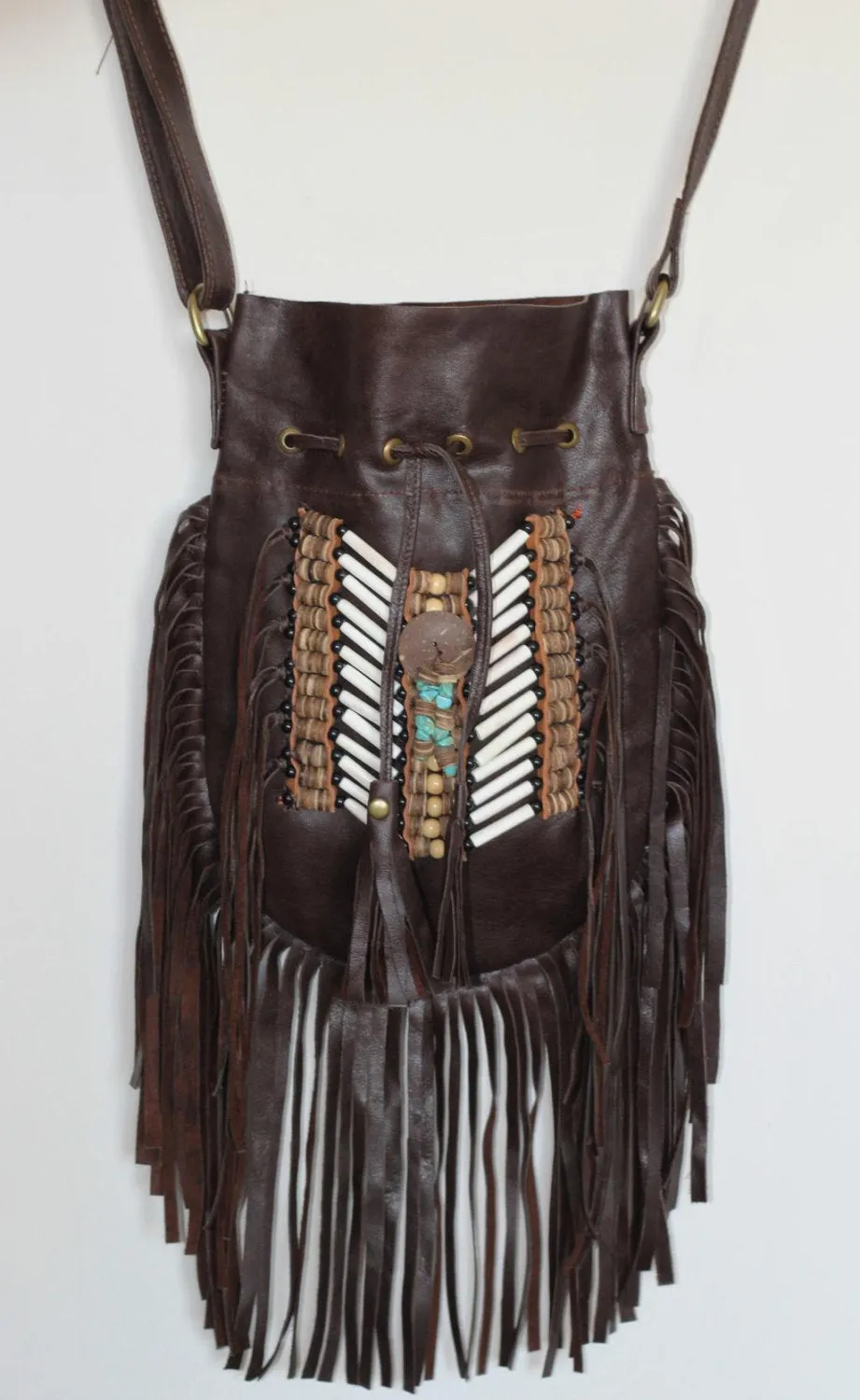 N47M- Medium Dark Brown Indian leather Handbag, Native American Style bag. Crossbody bag. Boho Bag