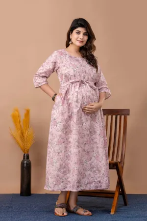 Pink Printed Maternity Dress For Women