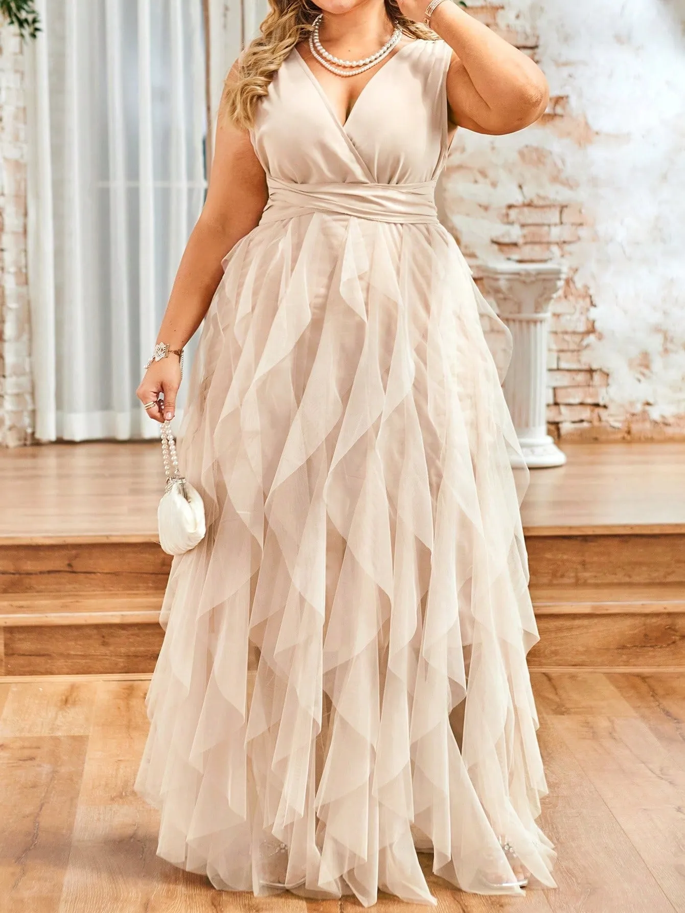 Plus Size Long Mesh Sleeveless With Multiple Layers Dress