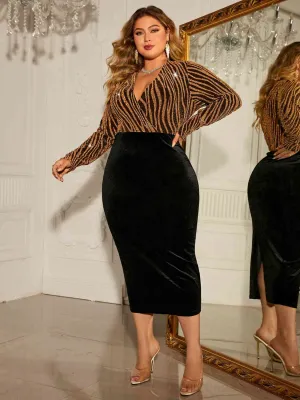 Plus Size Surplice Neck Long Sleeve Slit Midi Dress