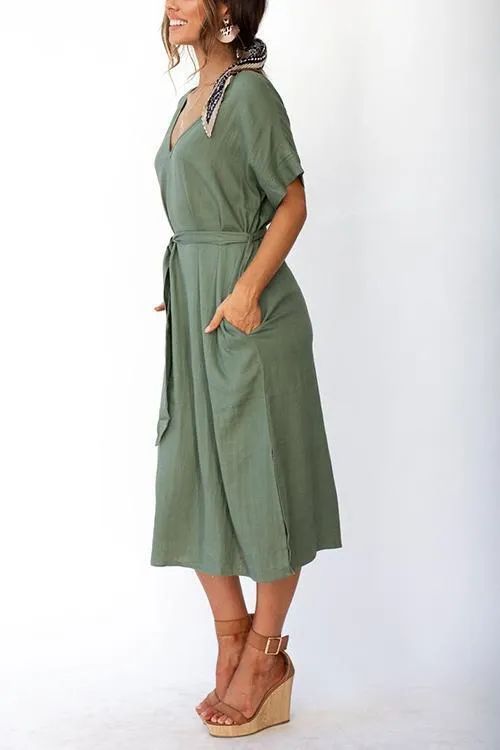 Pockets Side Slit Belted Dress