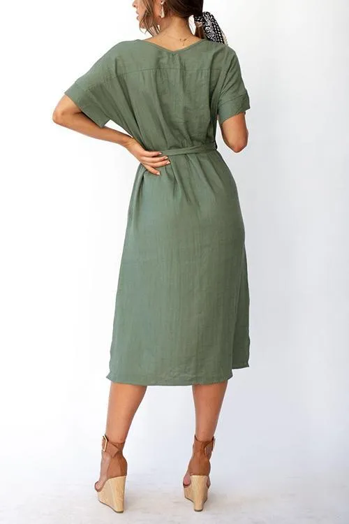 Pockets Side Slit Belted Dress