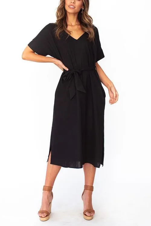 Pockets Side Slit Belted Dress