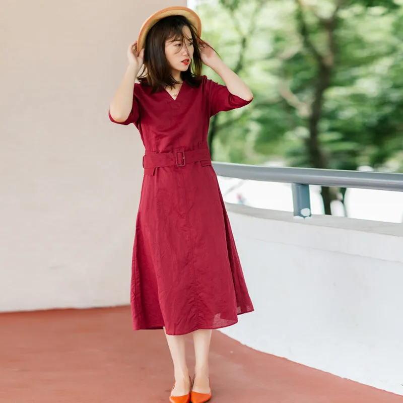 Red 100% Linen Women Dresses 3/4 Sleeves V Neck Spring Summer Women Dresses XH9620