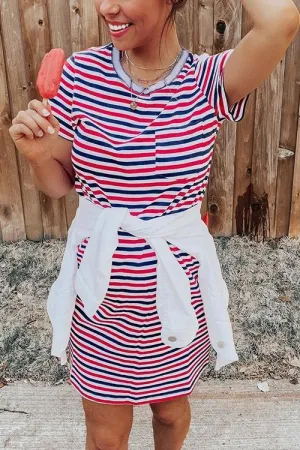 Red Blue Stripe Short Sleeve Mini Dress