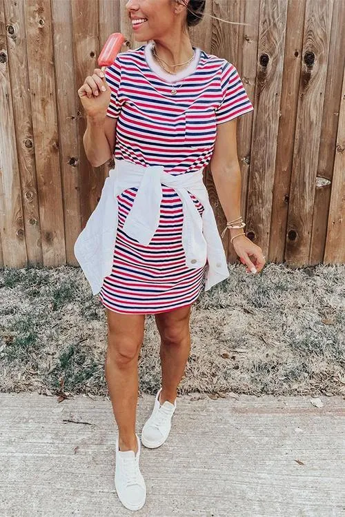 Red Blue Stripe Short Sleeve Mini Dress