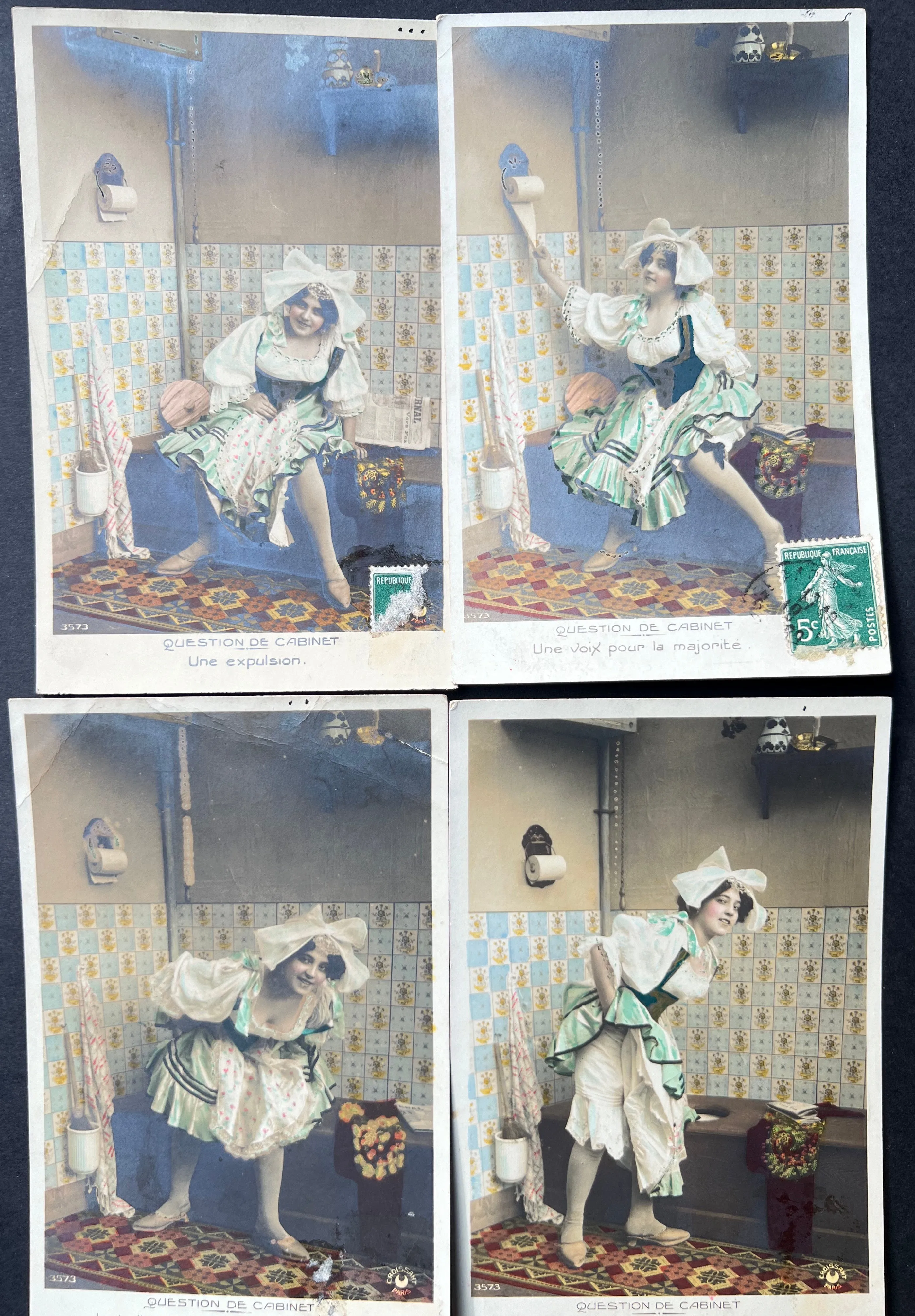 Series of 4 French Postcards of a Visit to the Toilet Entitled "Office Question" ! 1908