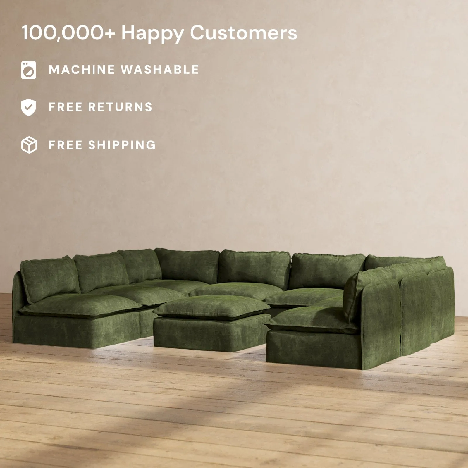 Slipcover Only - Modular Performance 8-Seater Open-Ends U-Sectional   Ottoman | Luxury Velvet in Olive