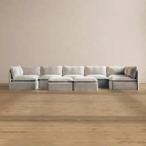 Slipcover Only - Modular Washable 7-Seater Open-Ends U-Sectional   Bench Ottoman in Milk