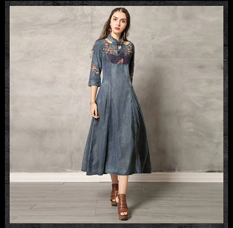 Swan Embroidered Denim Dresses