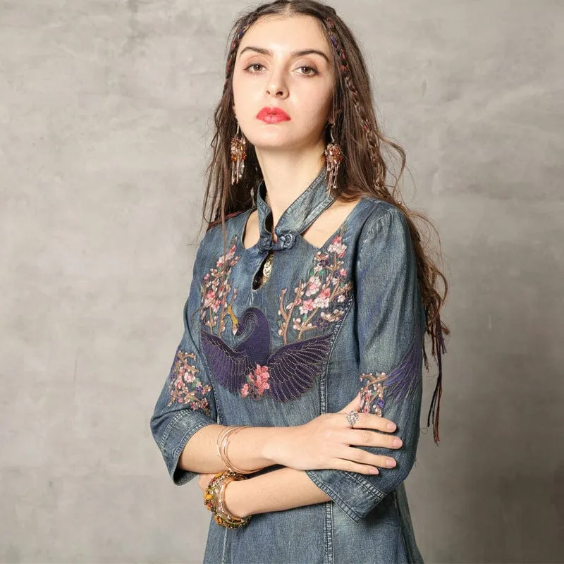 Swan Embroidered Denim Dresses