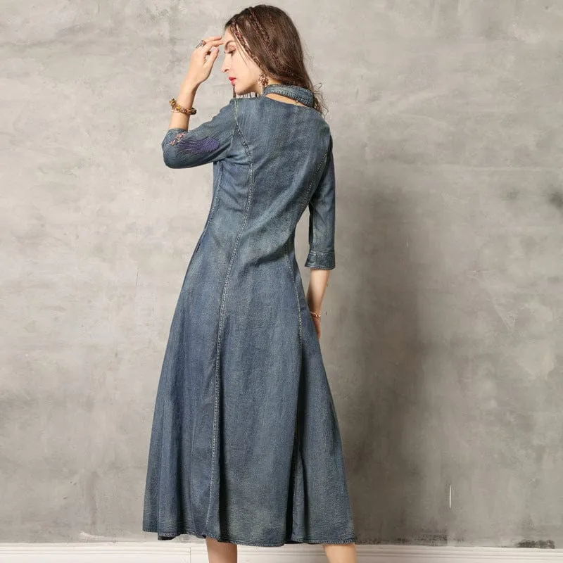 Swan Embroidered Denim Dresses