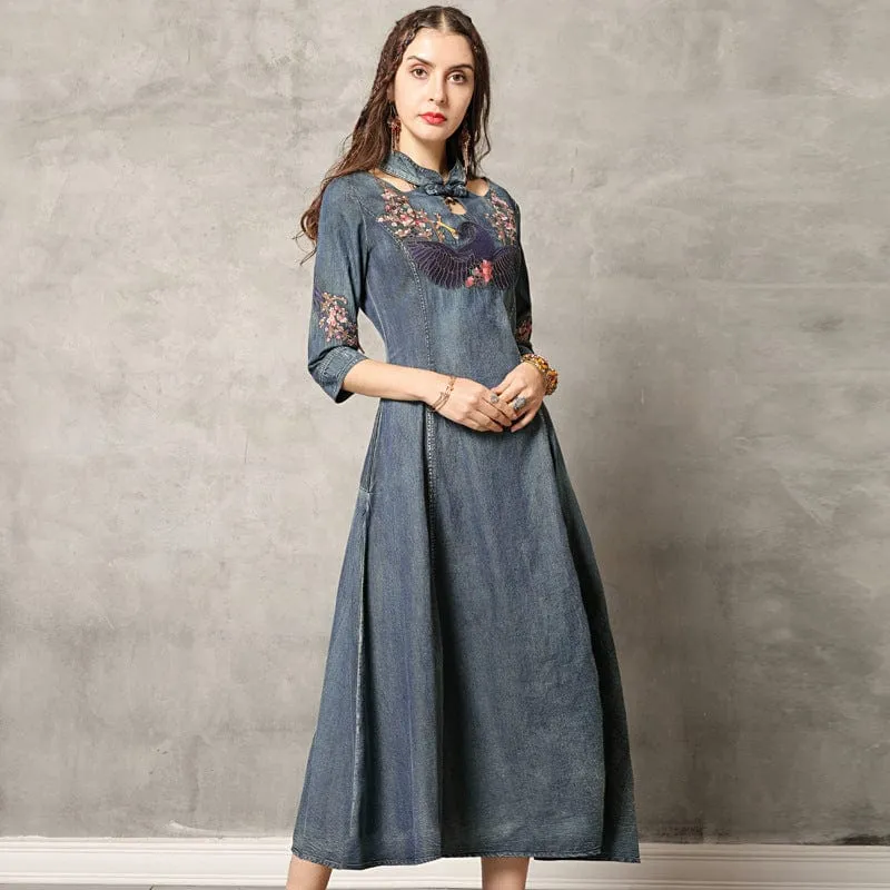 Swan Embroidered Denim Dresses