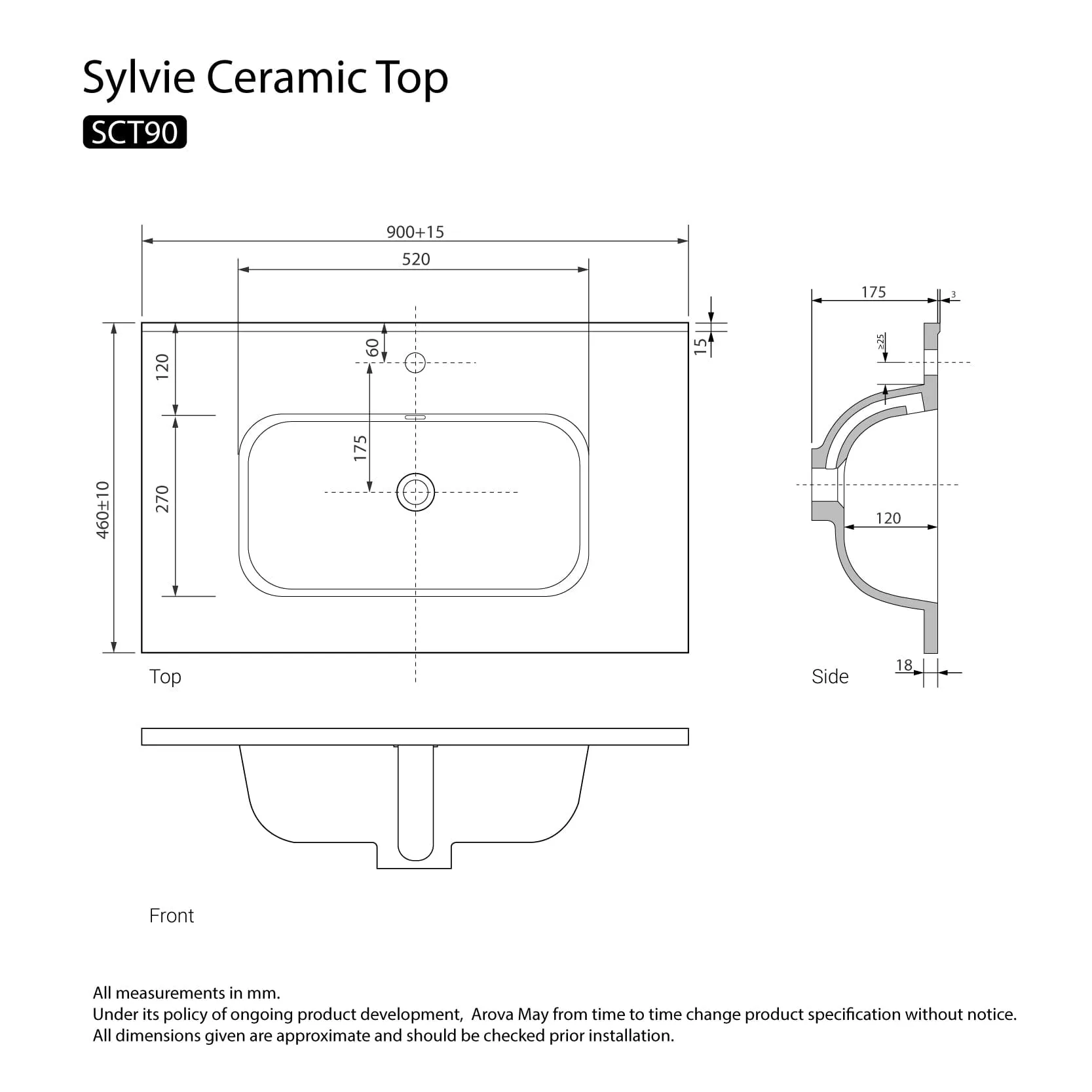 Sylvie 900mm Full Depth Ceramic Vanity Top